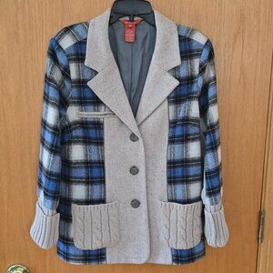 Sundance Cardigan Sweater Jacket Women"s 6 Blue/Oatmeal Plaid Wool Blend Blazer